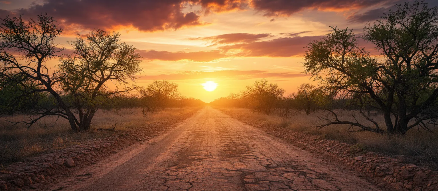 South Texas dirt road leading toward golden sunset