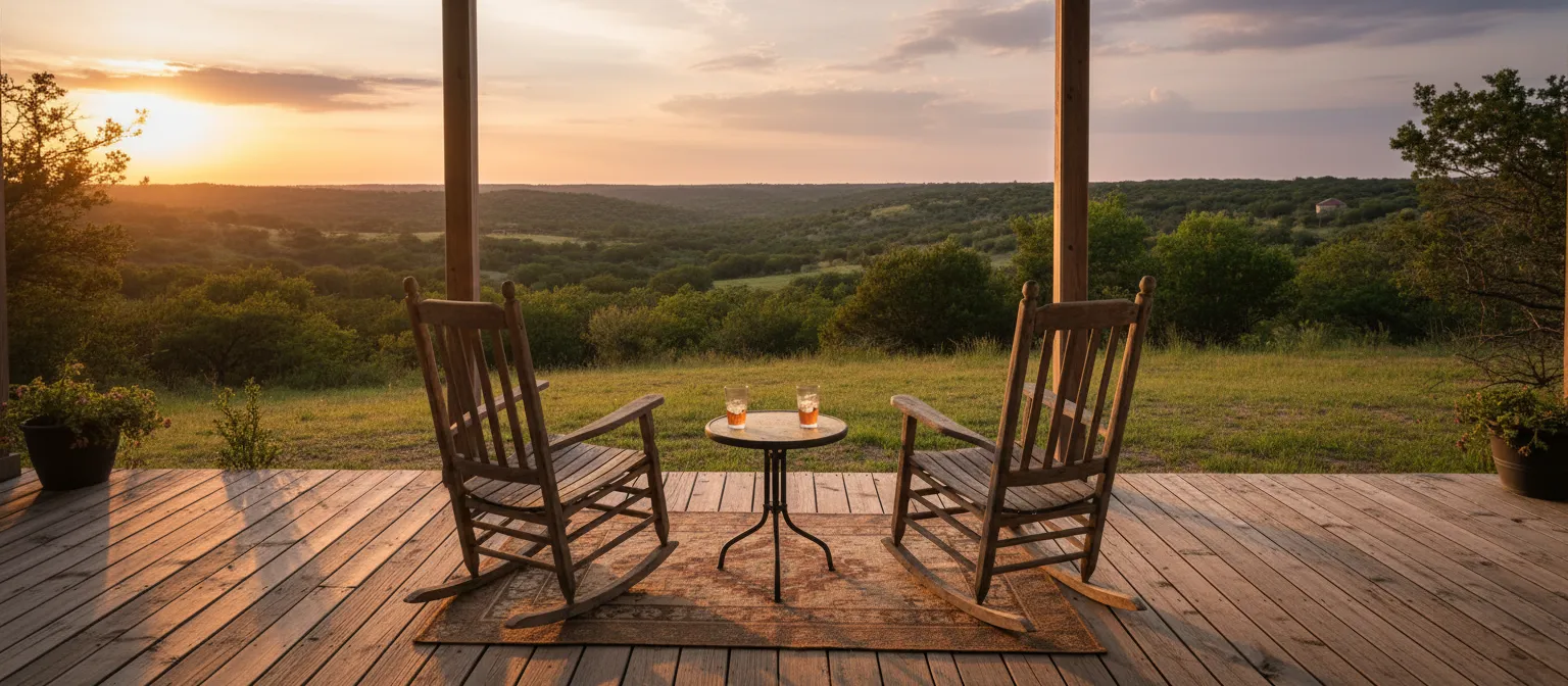 Two rocking chairs on a South Texas porch at sunset
