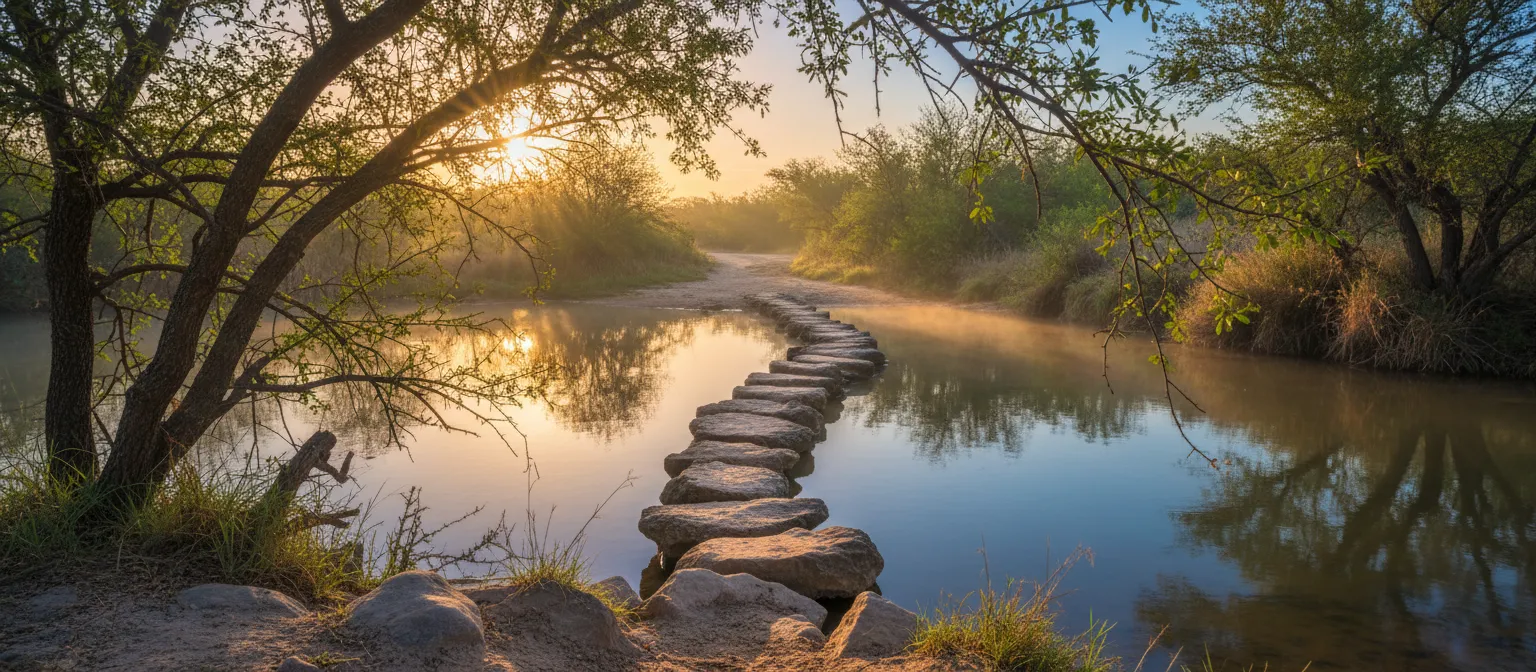 Stepping stones across a calm South Texas creek at dawn