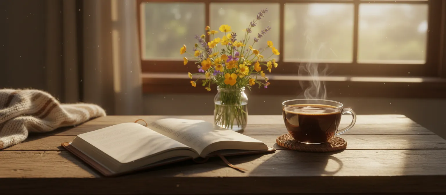 Journal and coffee on a rustic table at golden hour