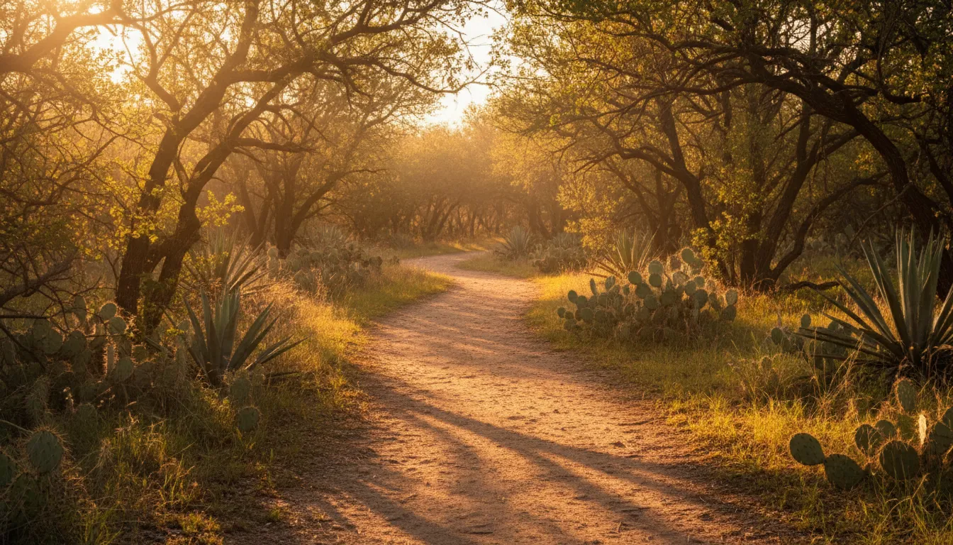 Sunlit path through South Texas mesquite trees